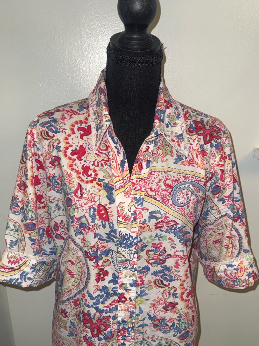 Ralph Lauren White Multicolor Paisley Short Sleeve Button-Down Shirt - Picture 4 of 11